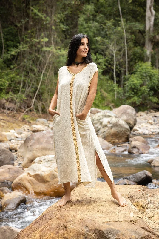 WAIATA Beige Dress Maxi Sleeveless Pockets Natural Cotton Boho Free-Flowing Relaxed Fit Spring Summer Kaftan Bohemian Breathable AJJAYA