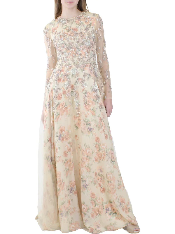 Womens Embellished Floral Evening Dress