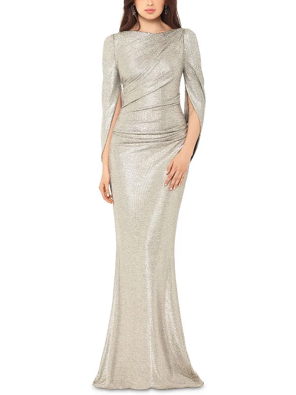 Womens Metallic Cape Sleeves Evening Dress