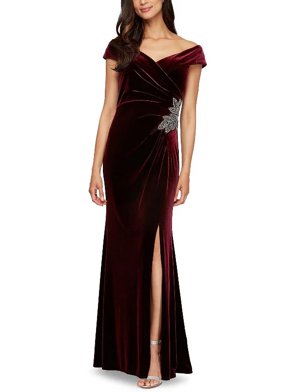 Womens Velvet Off-The-Shoulder Evening Dress