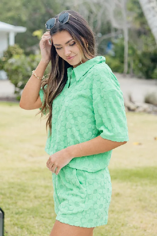 Can't Stay Away Green Daisy Terry Collared Lounge Top FINAL SALE