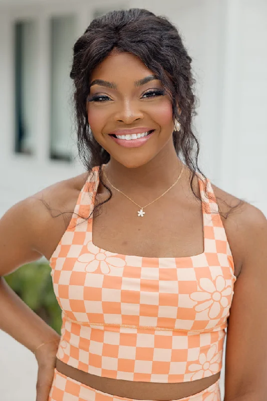 Work in Progress Orange Checkered Floral Print Sports Bra Top FINAL SALE