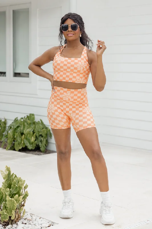 Work in Progress Orange Checkered Floral Print Sports Bra Top FINAL SALE