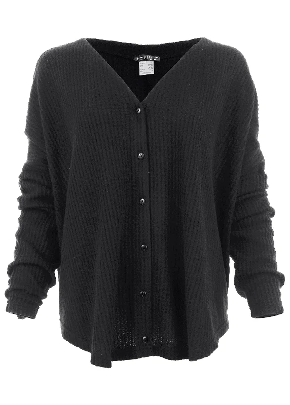 Cozy waffle button down top - Black